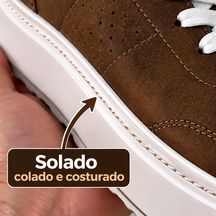 Solado do Tênis Imperador colado e costurado, detalhe da costura