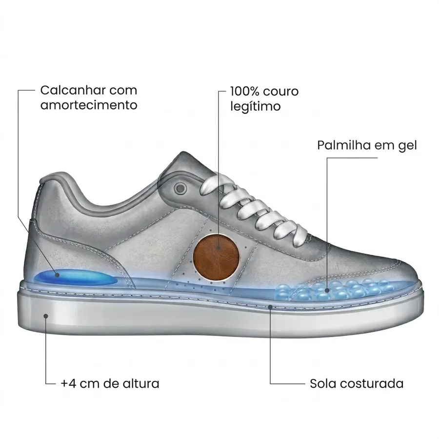 Tênis Imperador por dentro: calcanhar com amortecimento, 100% couro legítimo, palmilha em gel, +4 cm de altura e sola costurada